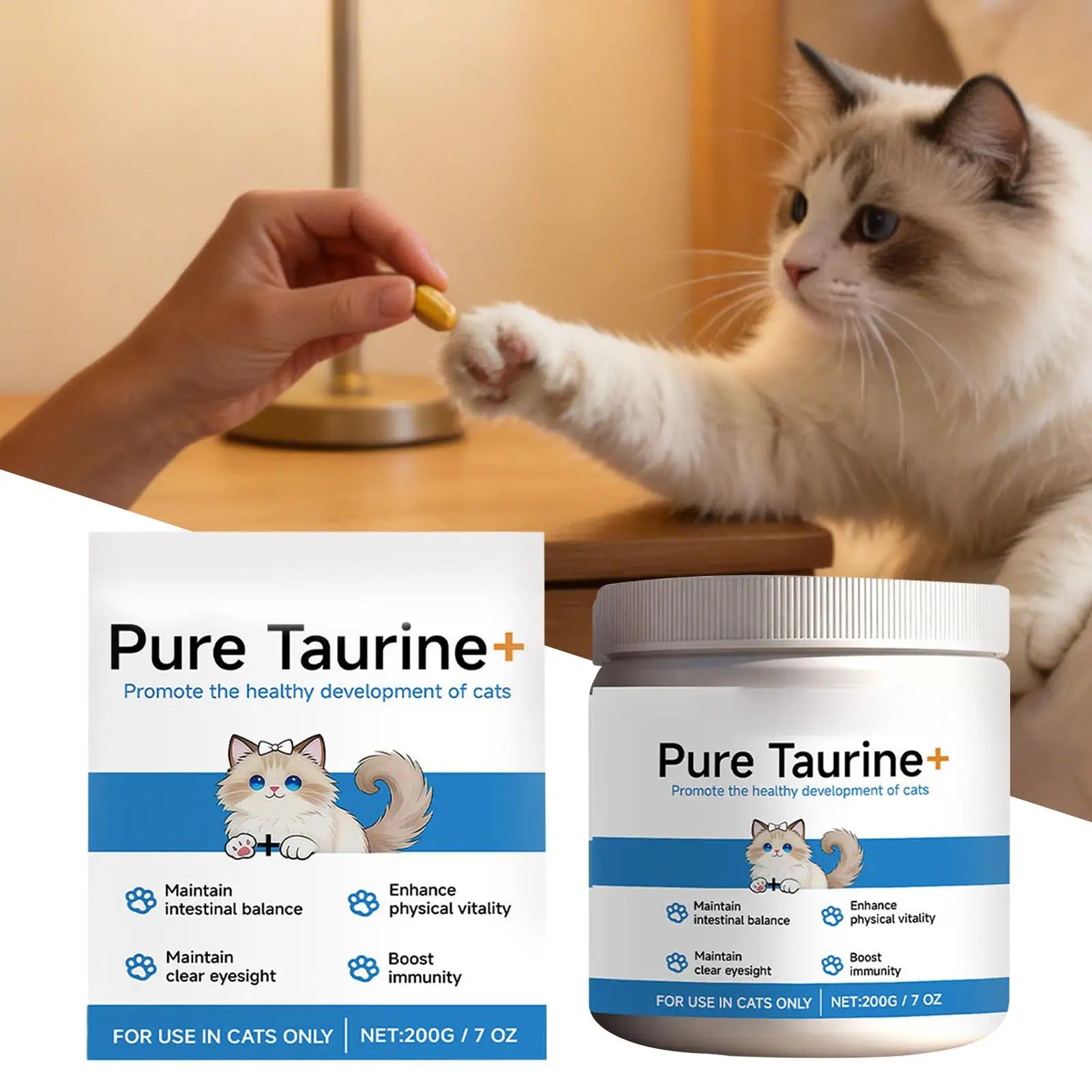 Cat Taurine Powder Support for Pet Heart Health Promote Maintain Visual Function Smooth Hair Pet Daily Care Nutrition Powder