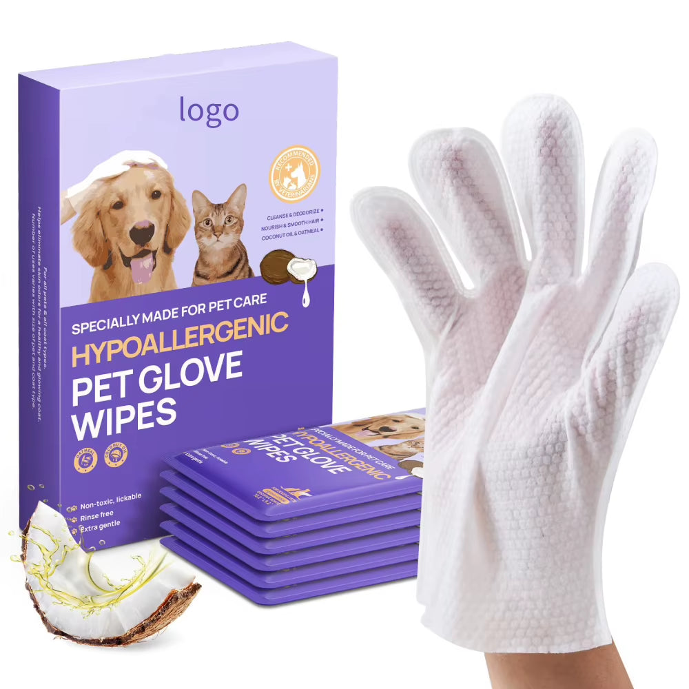 6Pcs Hypoallergenic Pet Cleaning Glove Wipes Private Label Biodegradable Pet Grooming Gloves Wet Wipes for Dogs and Cats